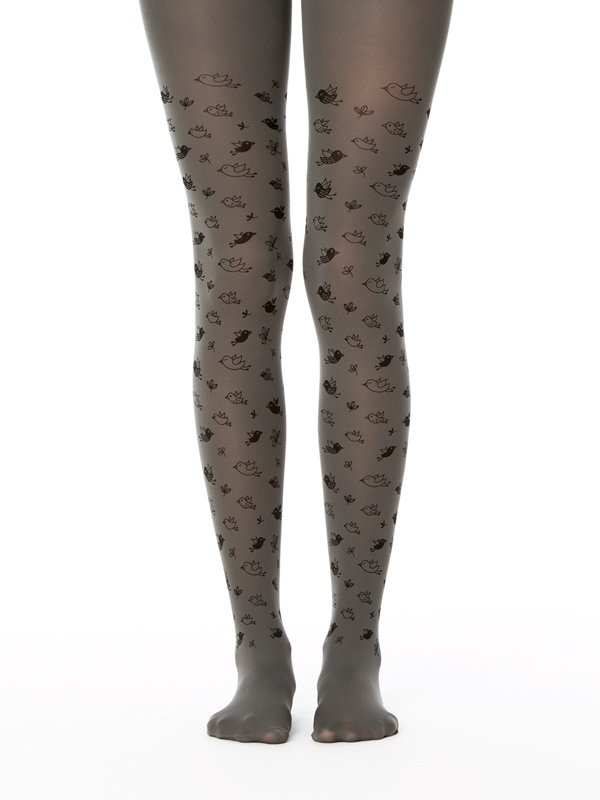 Grey birds printed tights - Virivee Tights - Unique tights designed and  made in Europe