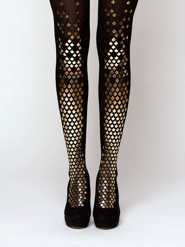 Black Mermaid thigh high stocking with gold scales