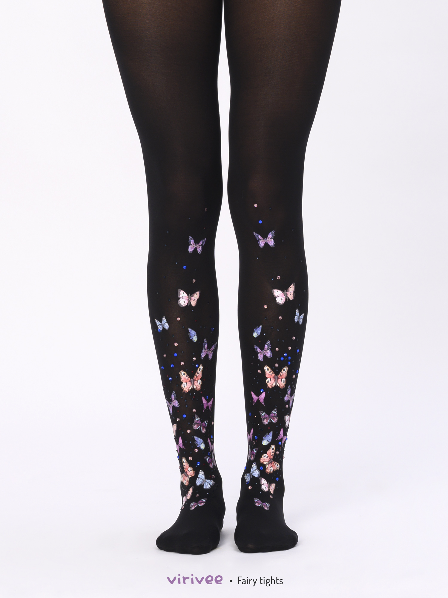 Dark fairy tights with rhinestones and pink-purple butterflies