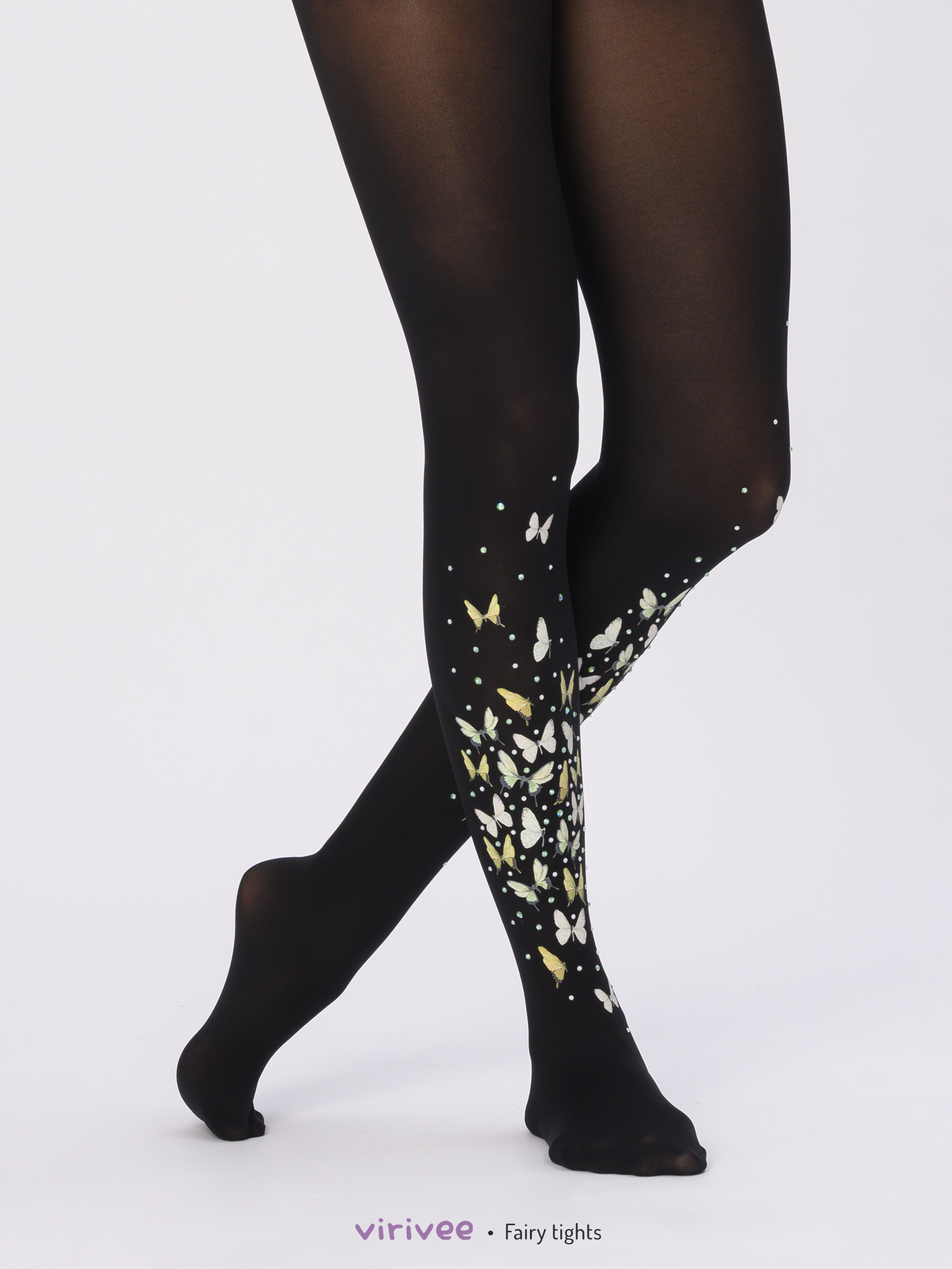 Black fairy tights with rhinestones and yellow butterflies