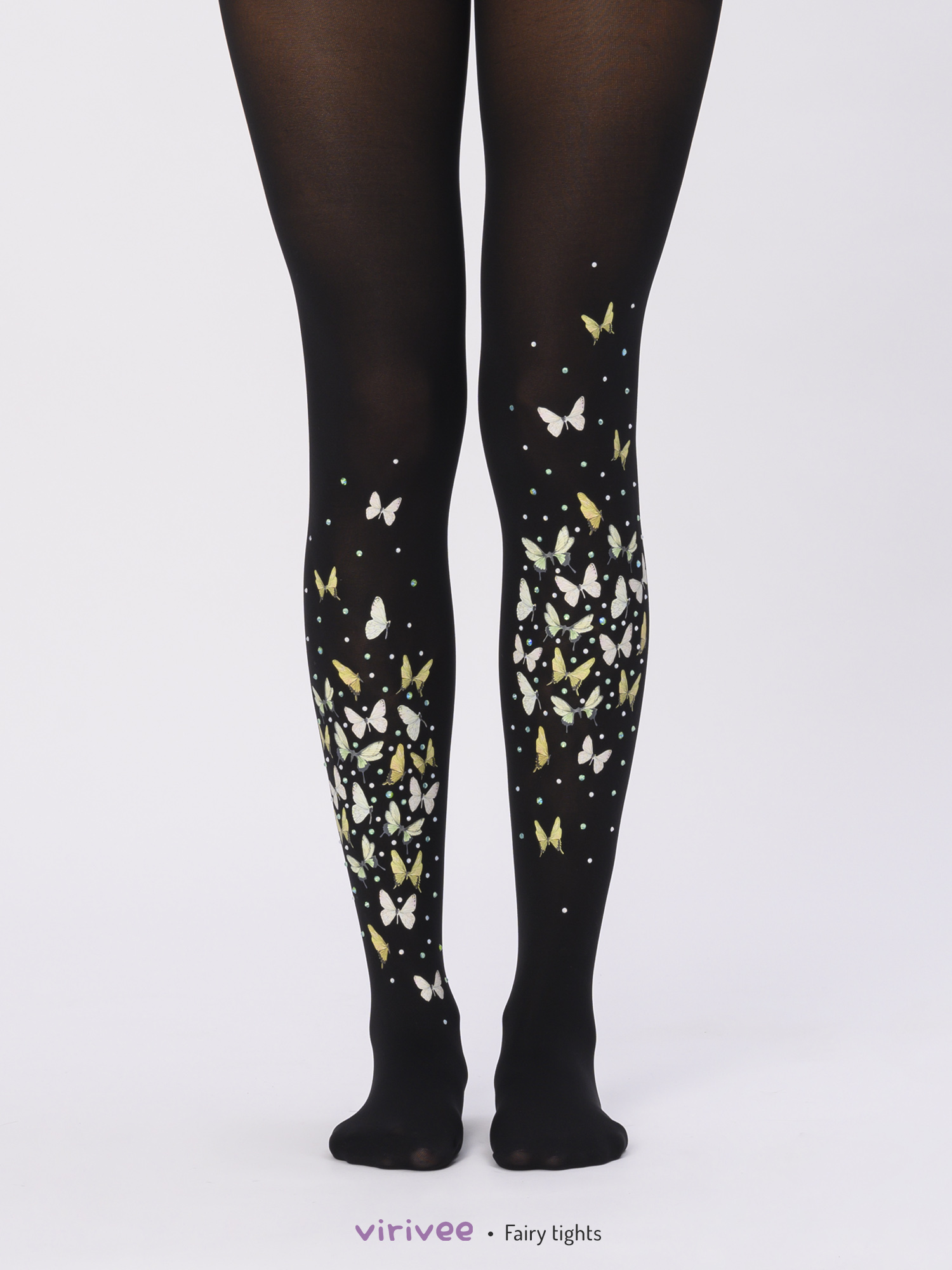 Black fairy tights with rhinestones and yellow butterflies