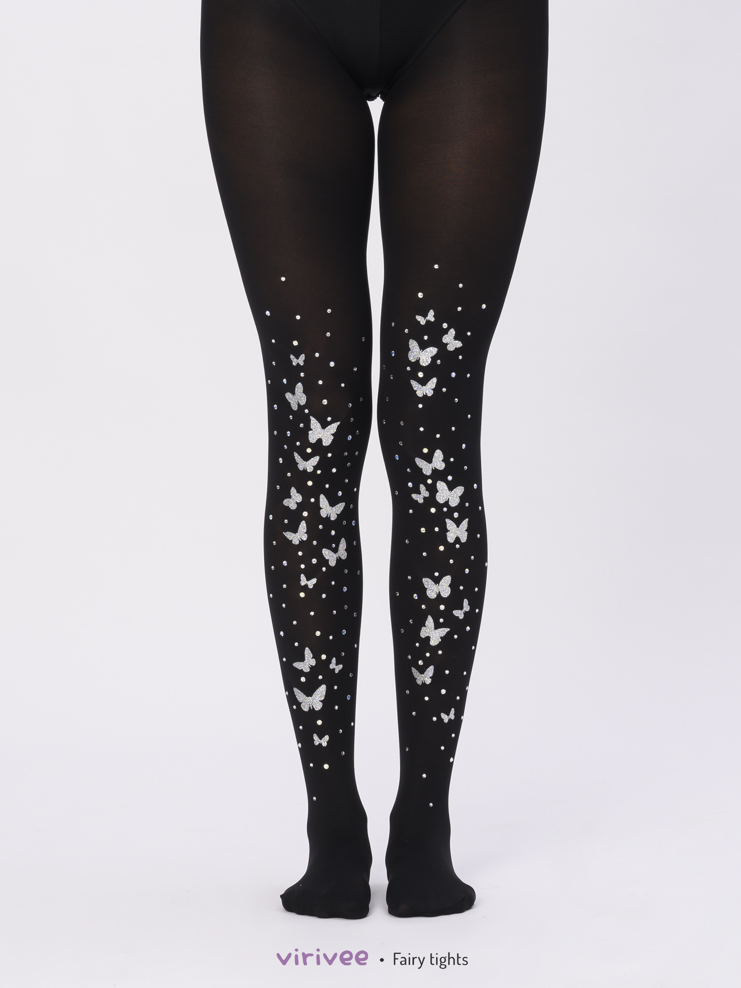 Black fairy tights with silver glitter butterfly and rhinestones