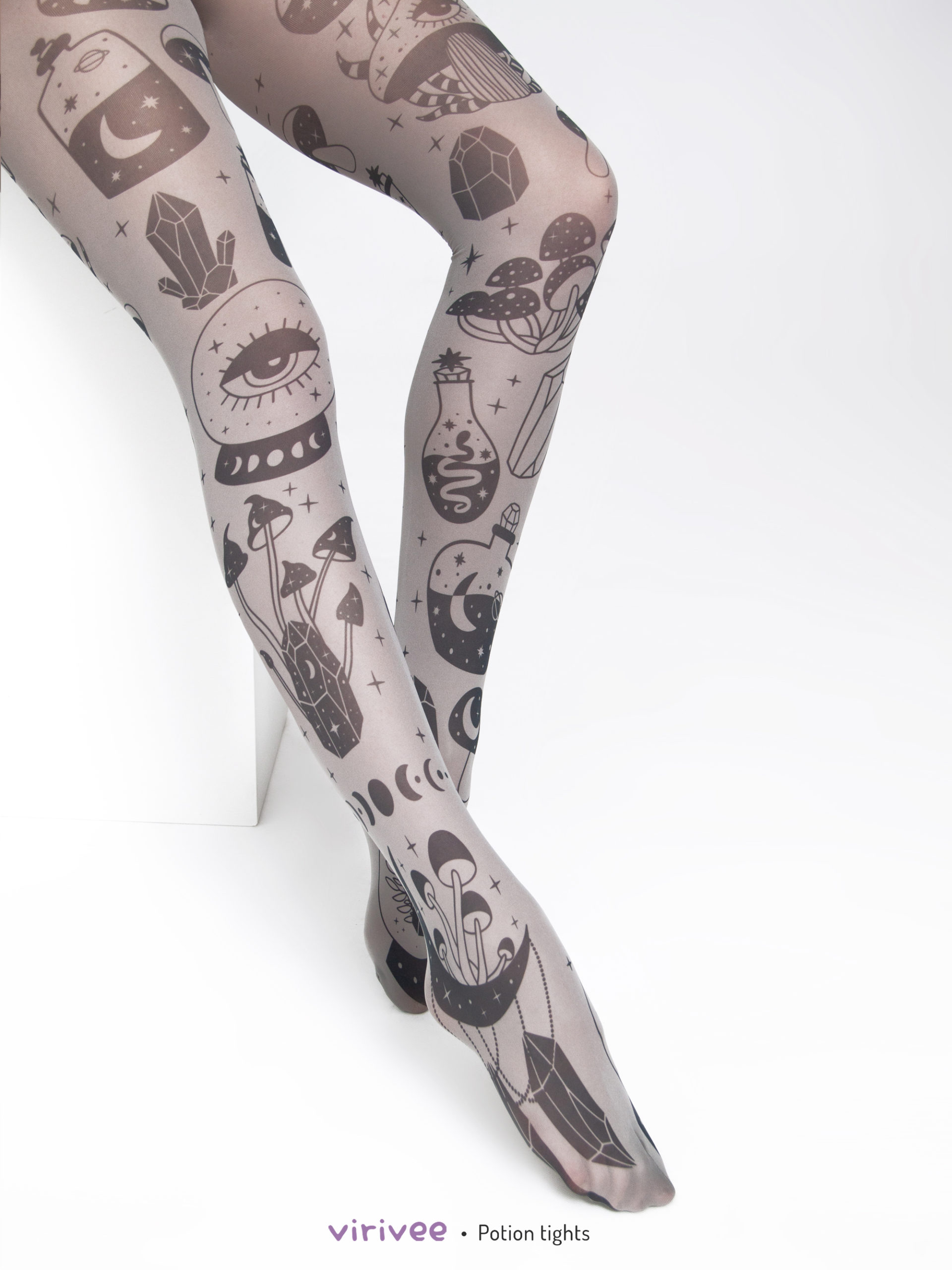 Gothic tights with potion and mushroom print