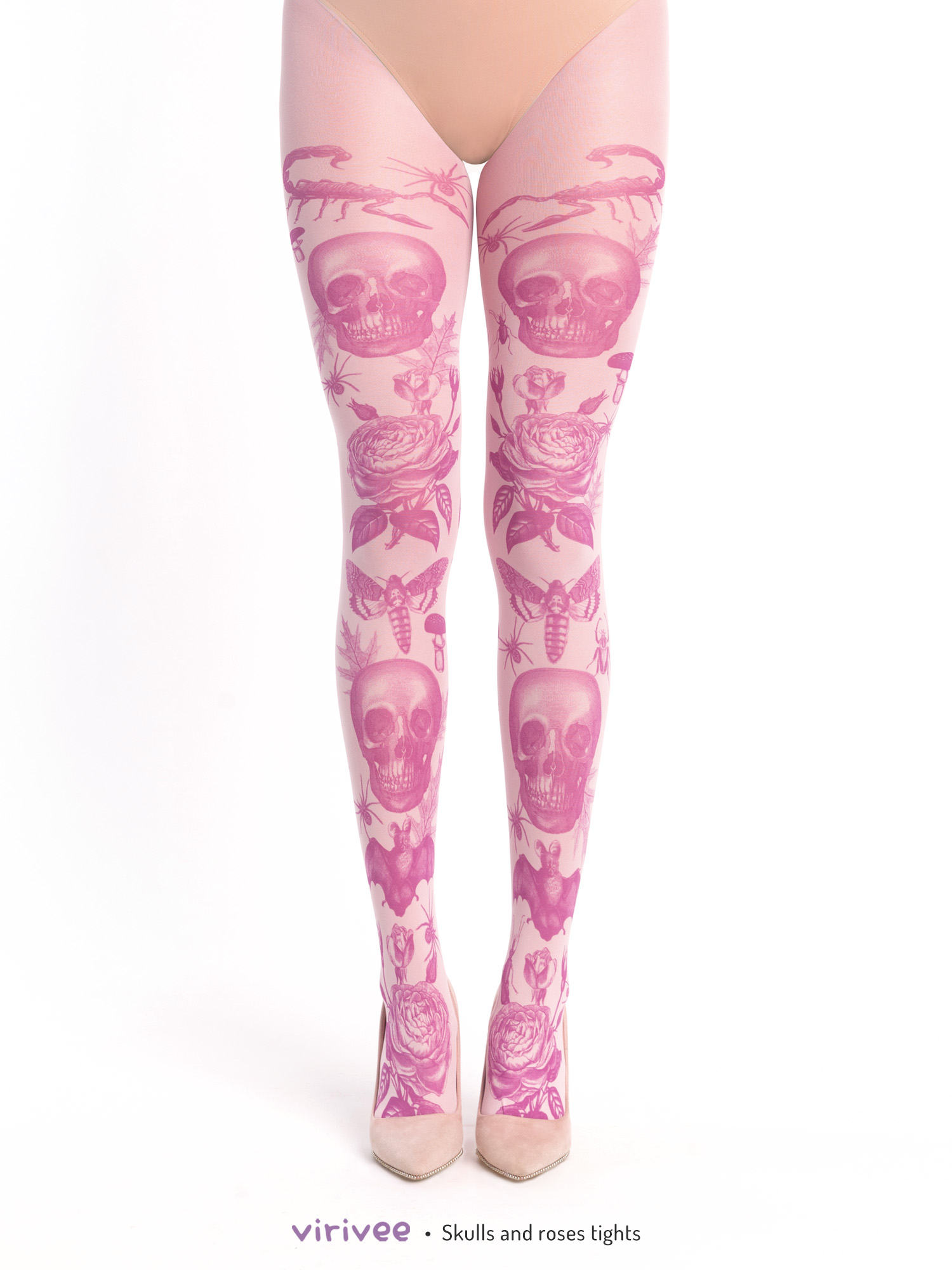 Pink skulls and roses pastel goth tights by Virivee
