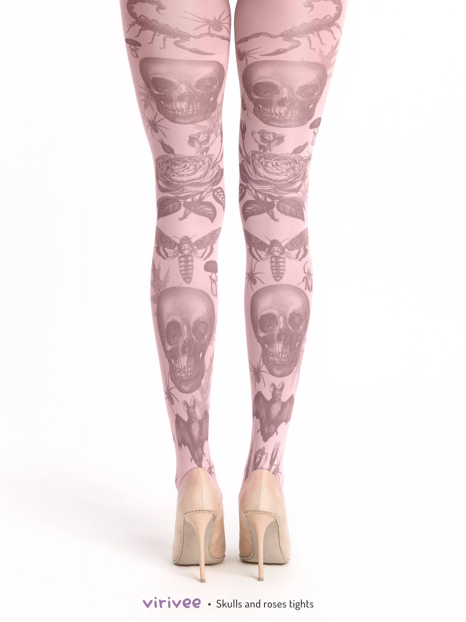 Pink skulls and roses pastel goth tights by Virivee
