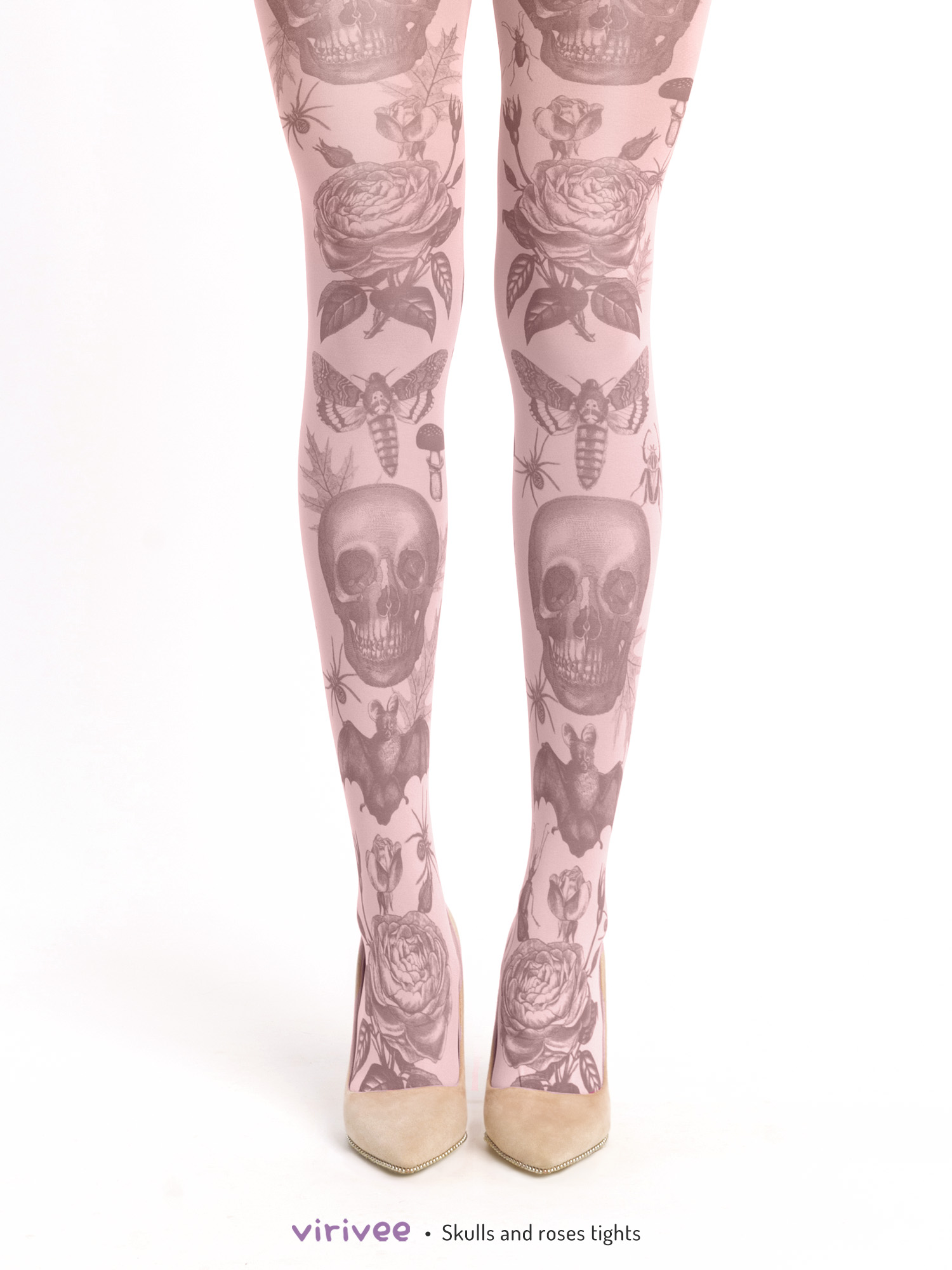 Skull and roses tights, light pink