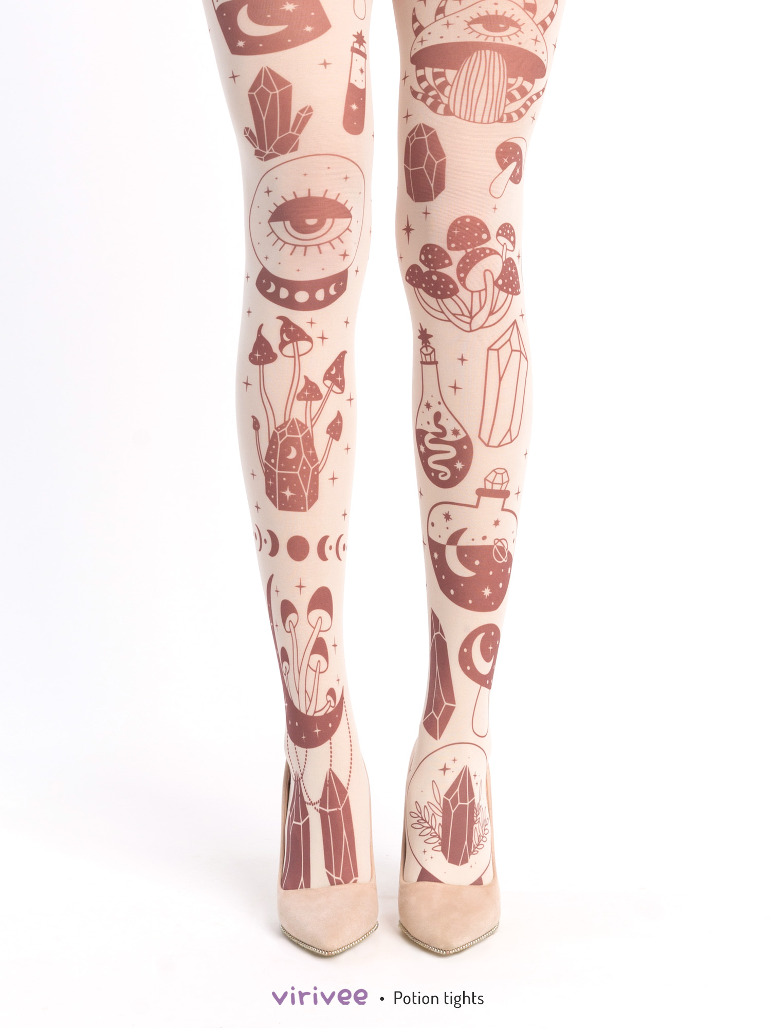 Celestial tights with potion and mushroom print