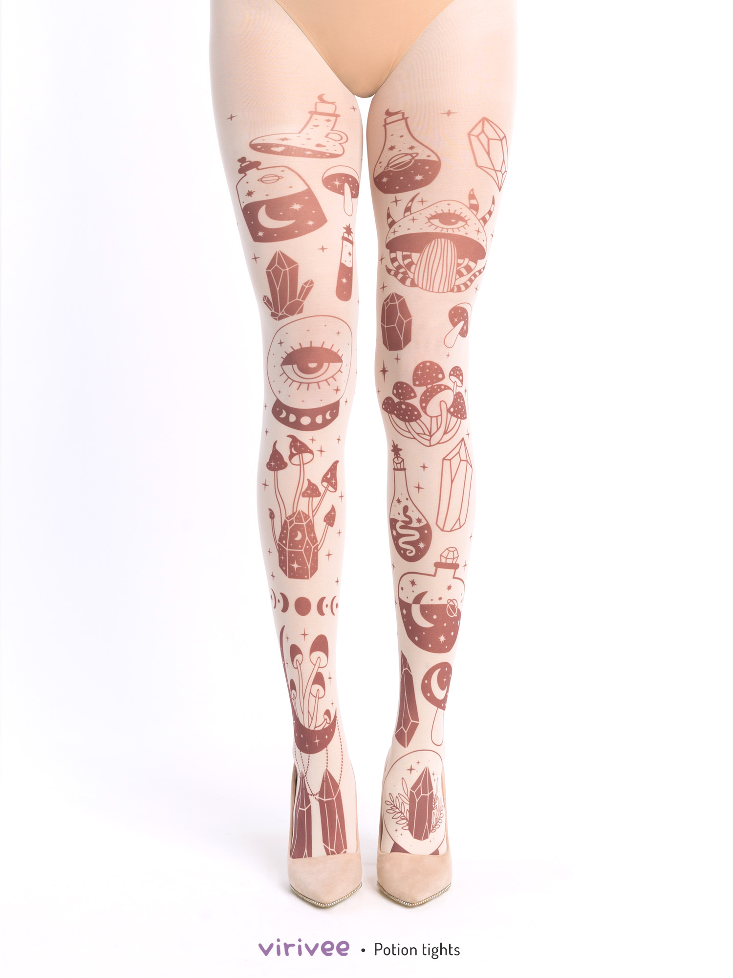 Celestial tights with potion and mushroom print
