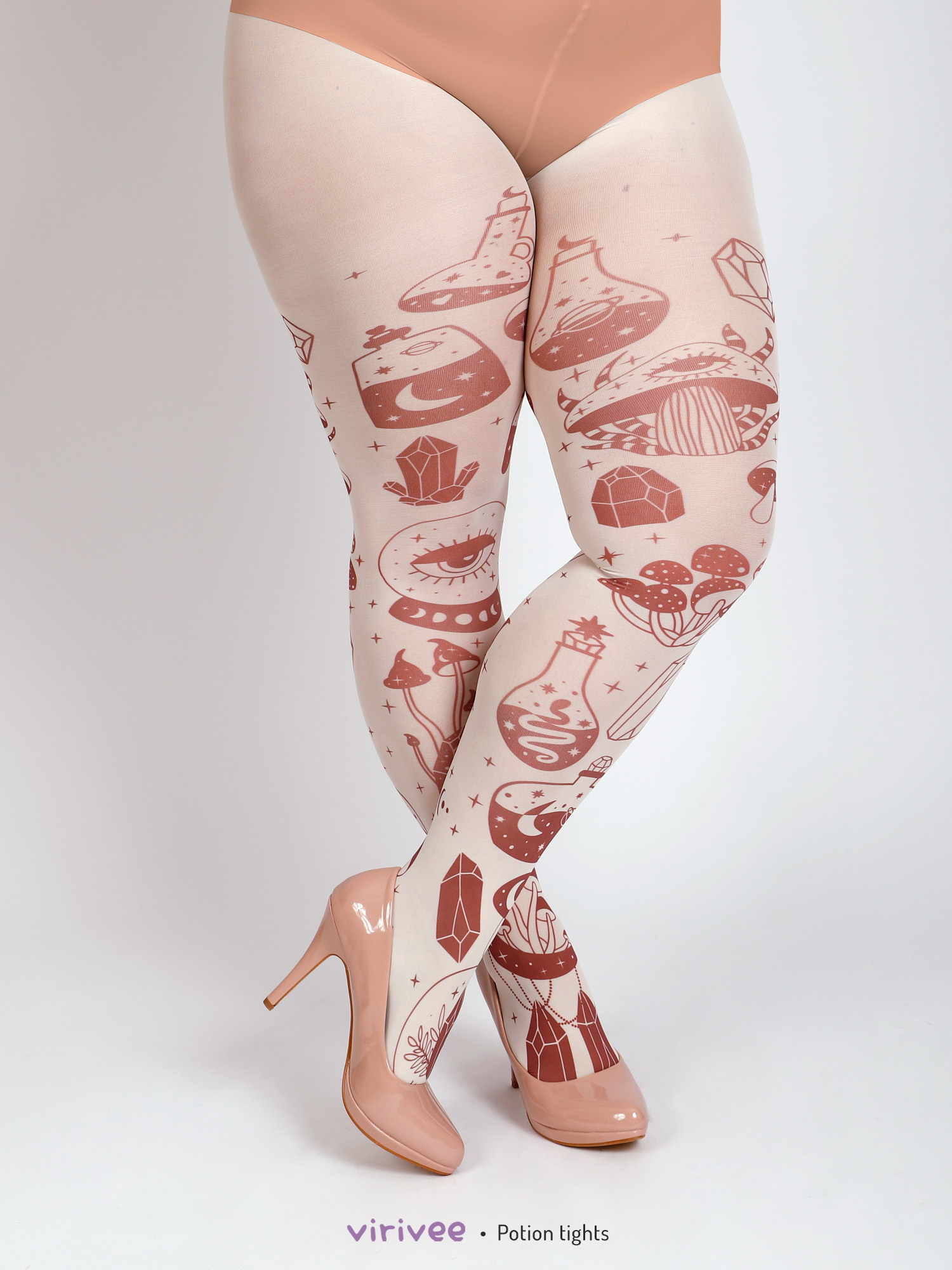 PLus size celestial tights with potion and mushroom print