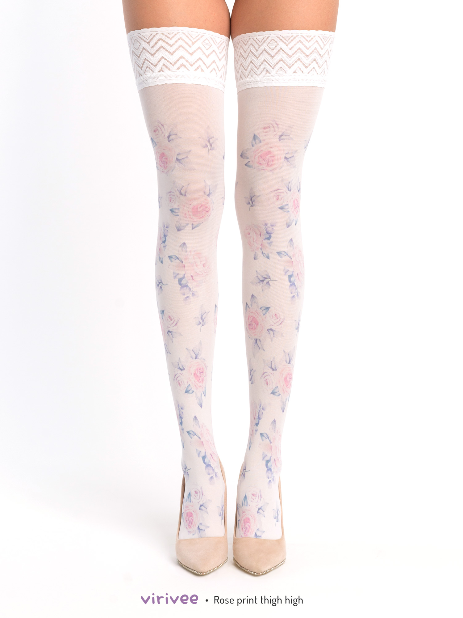 Pink rose print thigh high stay-up