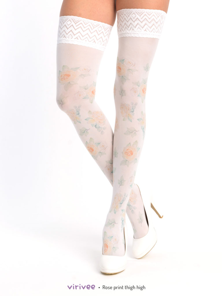 Yellow rose print thigh high stay-up - Virivee Tights - Unique tights ...