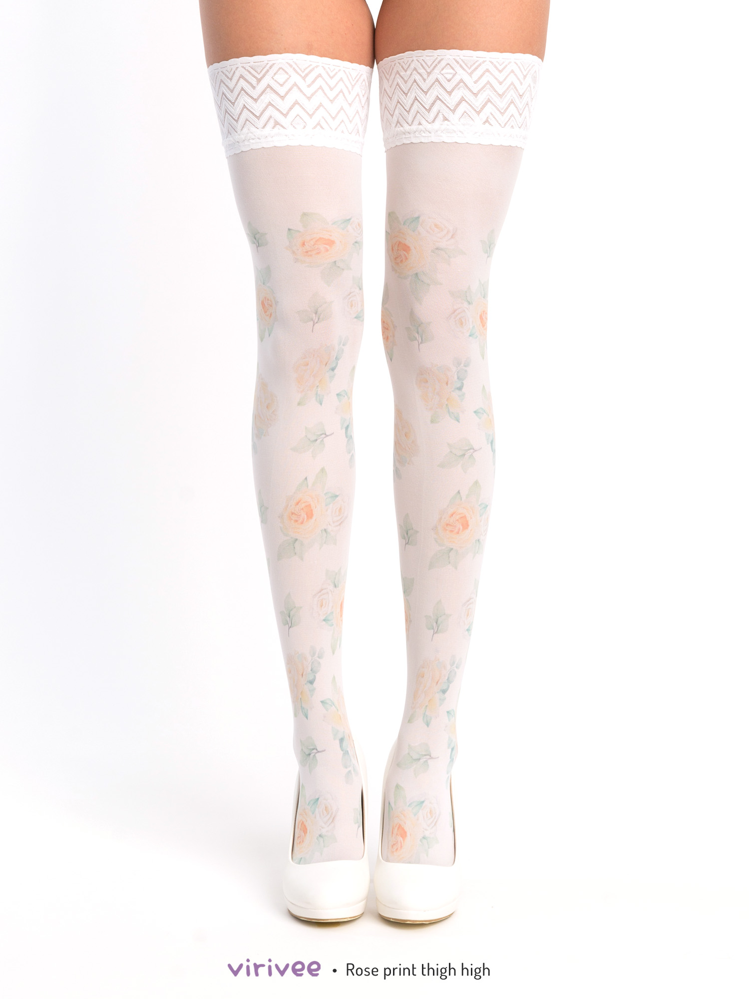 Yellow rose print thigh high stay-up