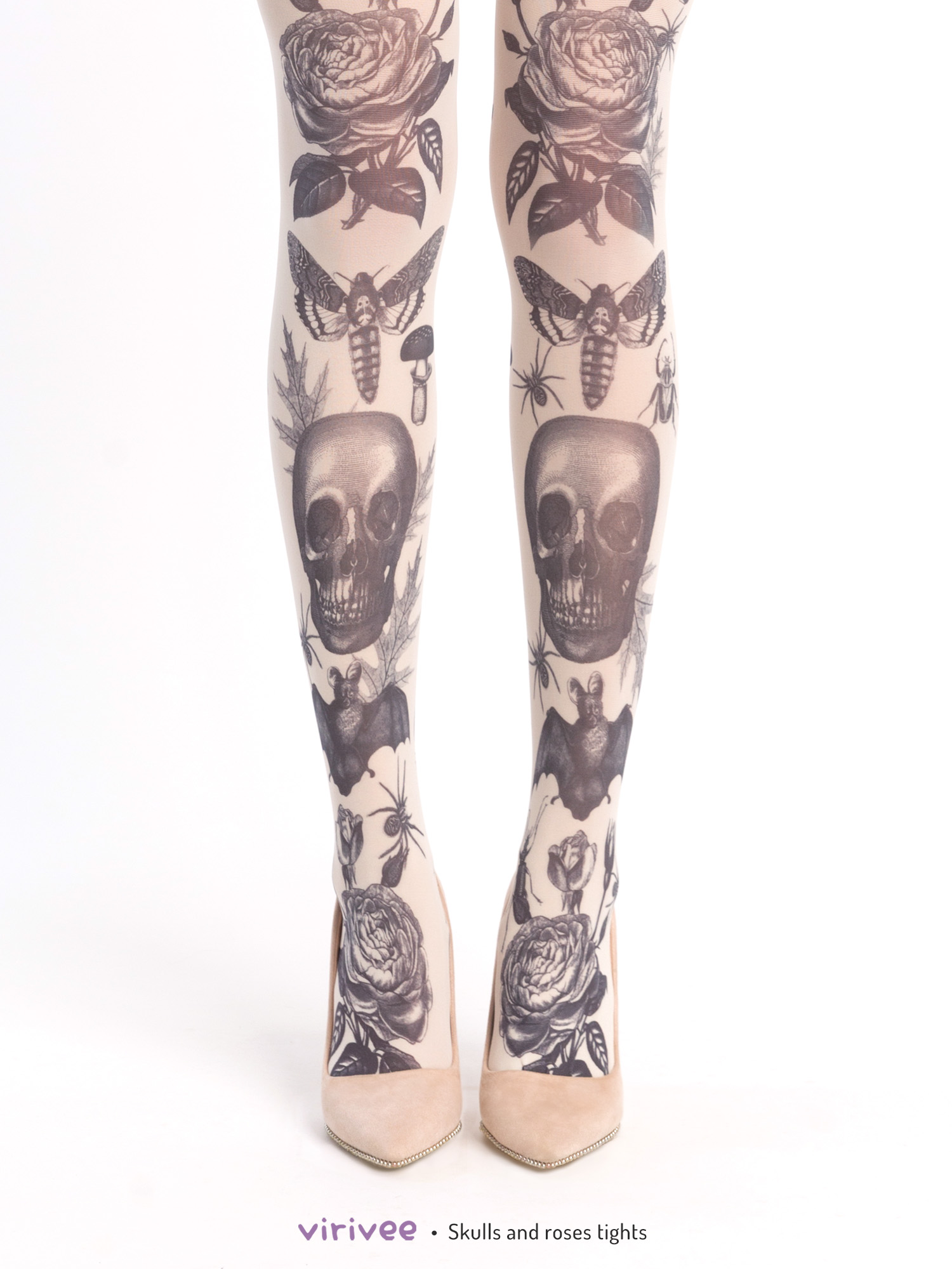 Skull and roses gothic tights, ivory